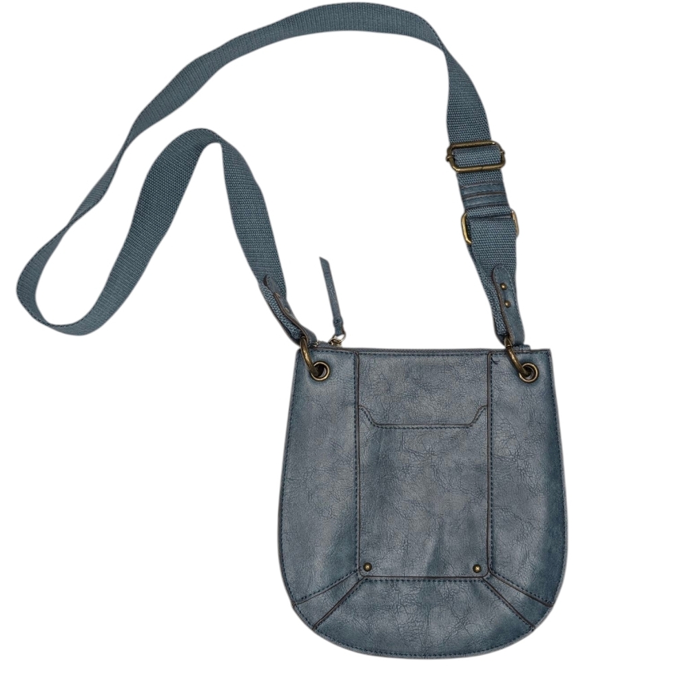 Ashy Blue Faux Leather Crossbody Bag W Canvas Strap W Adjustable Buckle.